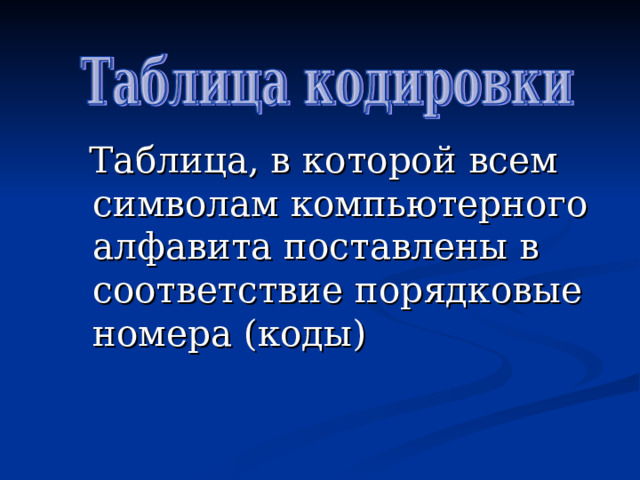  Таблица, в которой всем символам компьютерного алфавита поставлены в соответствие порядковые номера (коды) 