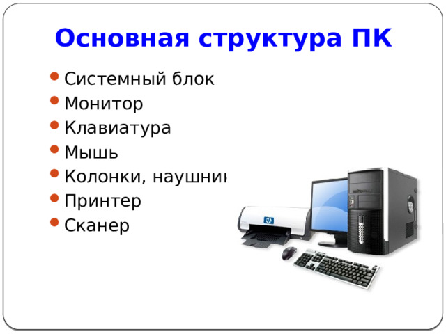 Основная структура ПК Системный блок Монитор Клавиатура Мышь Колонки, наушники Принтер Сканер  