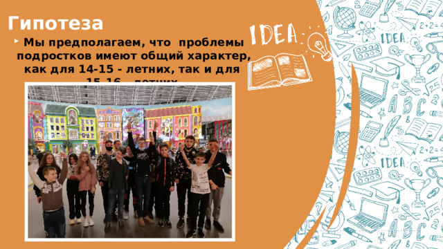 Гипотеза Мы предполагаем, что проблемы подростков имеют общий характер, как для 14-15 - летних, так и для 15-16 - летних. 
