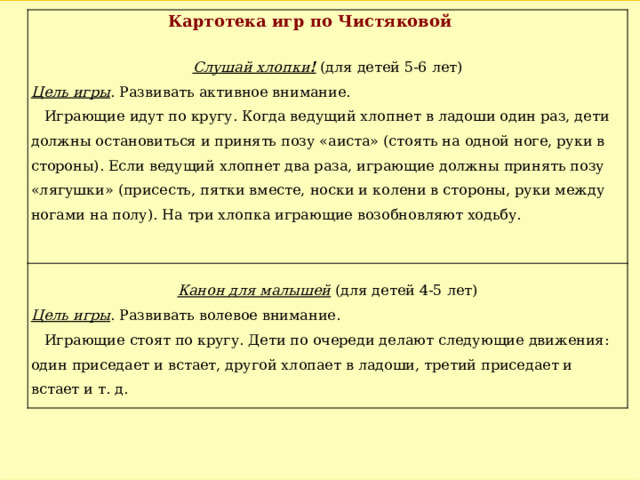 Картотека игр по Чистяковой Слушай хлопки ! (для детей 5-6 лет) Канон для малышей (для детей 4-5 лет) Цель игры . Развивать активное внимание. Играющие идут по кругу. Когда ведущий хлопнет в ладоши один раз, дети должны остановиться и принять позу «аиста» (стоять на одной ноге, руки в стороны). Если ведущий хлопнет два раза, играющие должны принять позу «лягушки» (присесть, пятки вместе, носки и колени в стороны, руки между ногами на полу). На три хлопка играющие возобновляют ходьбу. Цель игры . Развивать волевое внимание. Играющие стоят по кругу. Дети по очереди делают следующие движения: один приседает и встает, другой хлопает в ладоши, третий приседает и встает и т. д. 