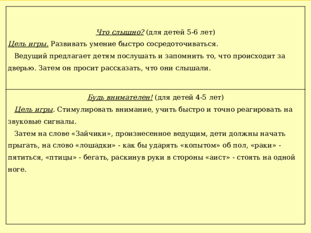 Что слышно? (для детей 5-6 лет) Цель игры. Развивать умение быстро сосредоточиваться. Будь внимателен! (для детей 4-5 лет) Ведущий предлагает детям послушать и запомнить то, что происходит за дверью. Затем он просит рассказать, что они слышали. Цель игры . Стимулировать внимание, учить быстро и точно реагировать на звуковые сигналы. Затем на слове «Зайчики», произнесенное ведущим, дети должны начать прыгать, на слово «лошадки» - как бы ударять «копытом» об пол, «ра­ки» - пятиться, «птицы» - бегать, раскинув руки в стороны «аист» - стоять на одной ноге. 