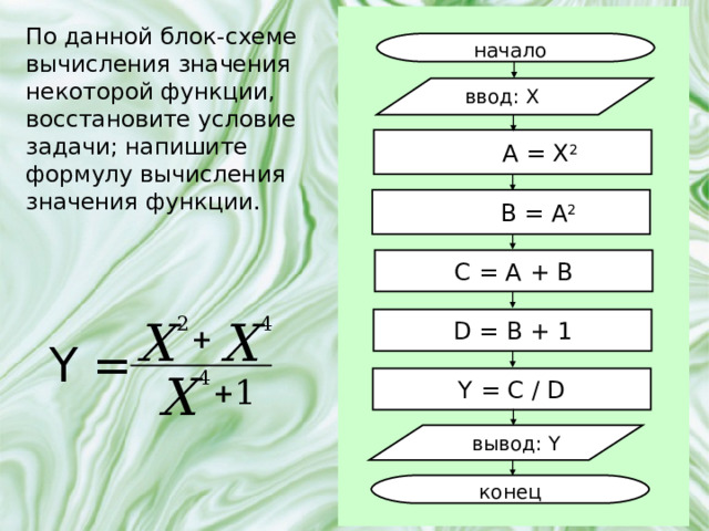По данной блок-схеме вычисления значения некоторой функции, восстановите условие задачи; напишите формулу вычисления значения функции. начало ввод: X  A = X 2  B = A 2 C = A + B D = B + 1 Y = Y = C / D вывод: Y конец 