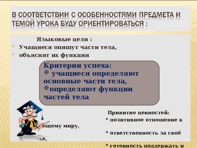  Языковые цели : Учащиеся опишут части тела, объяснят их функции         Привитие ценностей:  * позитивное отношение к окружающему миру,  * ответственность за своё здоровье,  * готовность поддержать и оказать помощь Критерии успеха:  учащиеся определяют основные части тела, определяют функции частей тела  