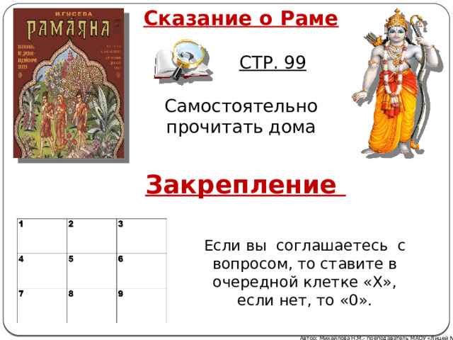 Сказание о Раме СТР. 99 Самостоятельно прочитать дома Закрепление Если вы соглашаетесь с вопросом, то ставите в очередной клетке «Х», если нет, то «0». Автор: Михайлова Н.М.- преподаватель МАОУ «Лицей № 21» 