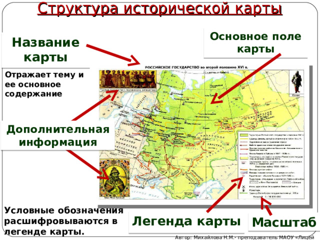 Структура исторической карты Основное поле карты Название карты Отражает тему и ее основное содержание Дополнительная информация Условные обозначения расшифровываются в легенде карты. Легенда карты Масштаб Автор: Михайлова Н.М.- преподаватель МАОУ «Лицей № 21» 