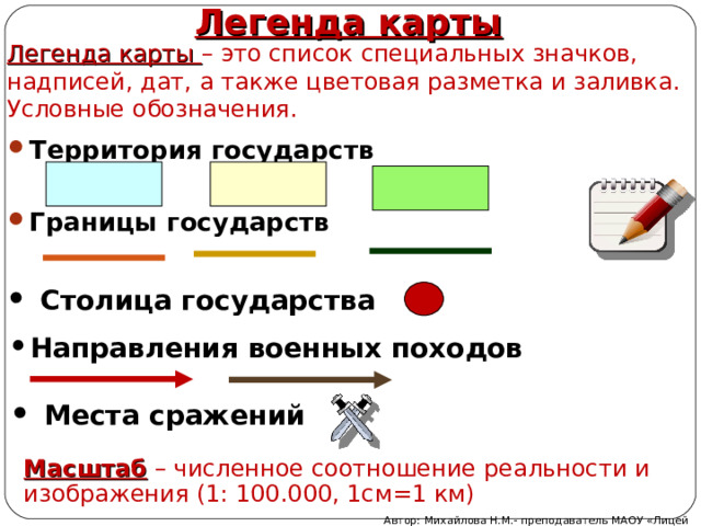 Легенда карты Легенда карты – это список специальных значков, надписей, дат, а также цветовая разметка и заливка. Условные обозначения. Территория государств  Границы государств Столица государства Направления военных походов Места сражений Масштаб – численное соотношение реальности и изображения (1: 100.000, 1см=1 км) Автор: Михайлова Н.М.- преподаватель МАОУ «Лицей № 21» 