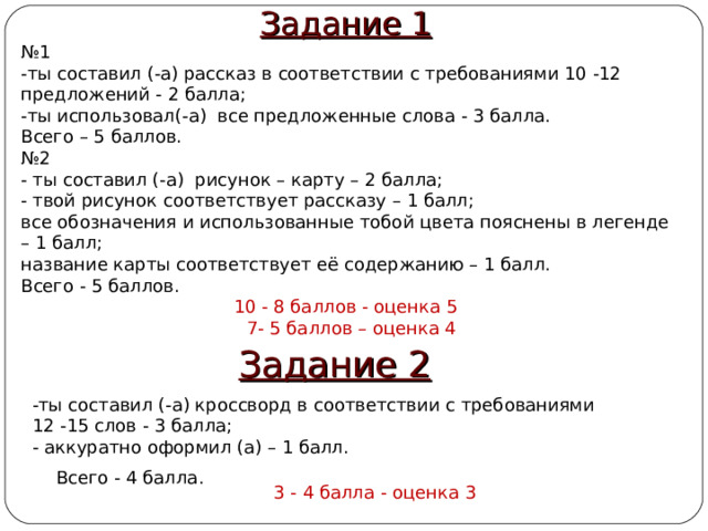 Задание 1 № 1 -ты составил (-а) рассказ в соответствии с требованиями 10 -12 предложений - 2 балла; -ты использовал(-а) все предложенные слова - 3 балла. Всего – 5 баллов. № 2 - ты составил (-а) рисунок – карту – 2 балла; - твой рисунок соответствует рассказу – 1 балл; все обозначения и использованные тобой цвета пояснены в легенде – 1 балл; название карты соответствует её содержанию – 1 балл. Всего - 5 баллов. 10 - 8 баллов - оценка 5  7- 5 баллов – оценка 4 Задание 2 -ты составил (-а) кроссворд в соответствии с требованиями 12 -15 слов - 3 балла; - аккуратно оформил (а) – 1 балл. Всего - 4 балла. 3 - 4 балла - оценка 3 