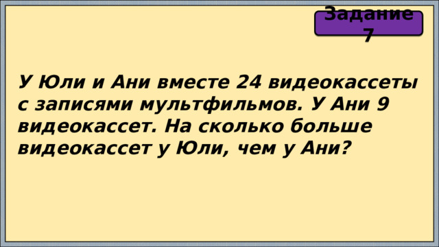 Задание 7 У Юли и Ани вместе 24 видеокассеты с записями мультфильмов. У Ани 9 видеокассет. На сколько больше видеокассет у Юли, чем у Ани? 