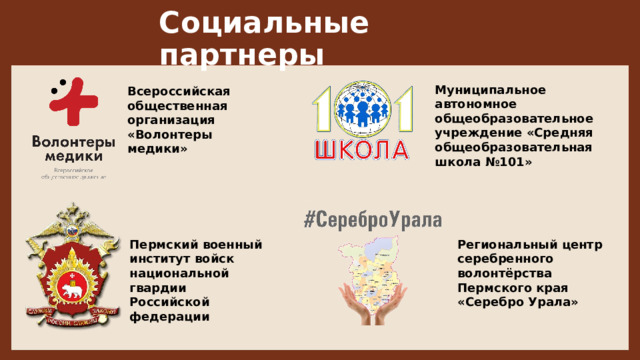 Социальные партнеры  Муниципальное автономное общеобразовательное учреждение «Средняя общеобразовательная школа №101» Всероссийская общественная организация «Волонтеры медики» Региональный центр серебренного волонтёрства Пермского края «Серебро Урала» Пермский военный институт войск национальной гвардии Российской федерации  