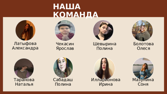 НАША КОМАНДА Шевырина Полина Чекасин  Ярослав Латыфова Александра Болотова Олеся Таранова Наталья Мазунина Соня Илларионова Ирина Сабадаш Полина 