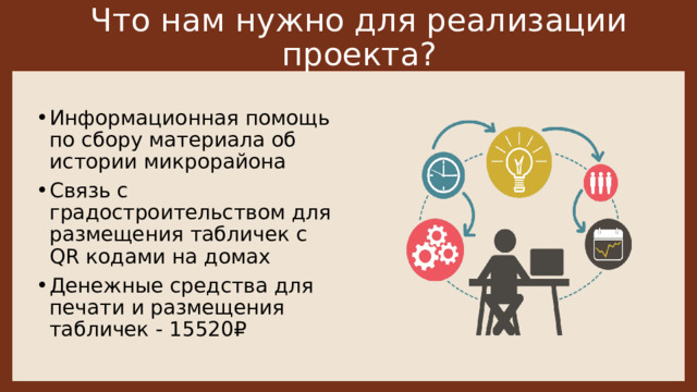 Что нам нужно для реализации  проекта? Информационная помощь по сбору материала об истории микрорайона Связь с градостроительством для размещения табличек с QR кодами на домах Денежные средства для печати и размещения табличек - 15520 ₽ 