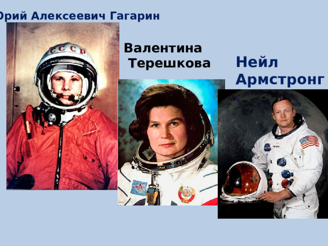 Юрий Алексеевич Гагарин Валентина  Терешкова Нейл Армстронг. 