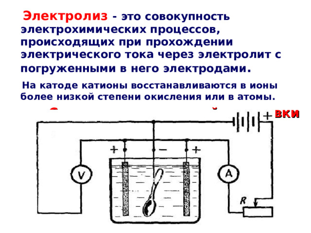   Электролиз  - это совокупность электрохимических процессов, происходящих при прохождении электрического тока через электролит с погруженными в него электродами .  На катоде катионы восстанавливаются в ионы более низкой степени окисления или в атомы.  Схема гальванической установки   