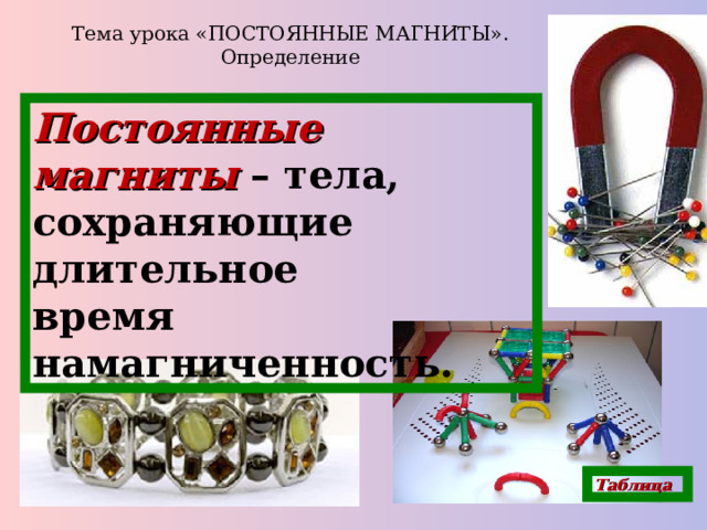 Тема урока «ПОСТОЯННЫЕ МАГНИТЫ». Определение Постоянные магниты – тела, сохраняющие длительное время намагниченность. Таблица 