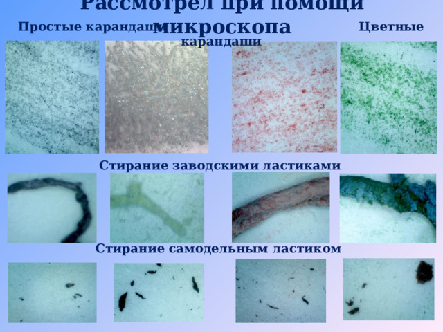 Рассмотрел при помощи микроскопа Простые карандаши Цветные карандаши Стирание заводскими ластиками Стирание самодельным ластиком 