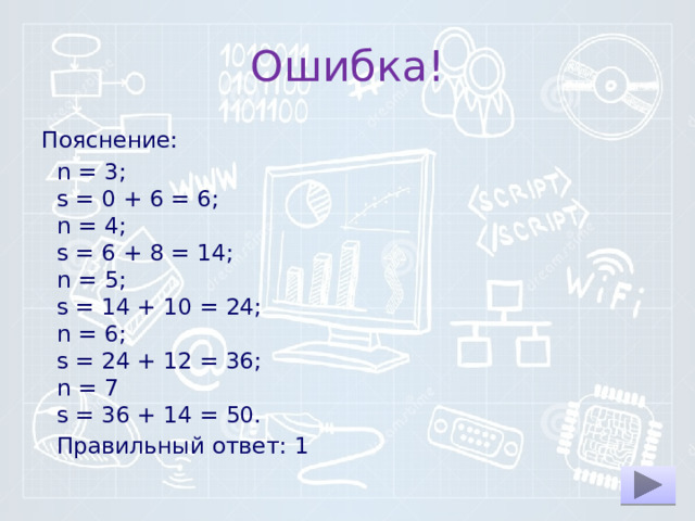 Ошибка! Пояснение: n = 3;  s = 0 + 6 = 6;  n = 4;  s = 6 + 8 = 14;  n = 5;  s = 14 + 10 = 24;  n = 6;  s = 24 + 12 = 36;  n = 7  s = 36 + 14 = 50. Правильный ответ: 1 