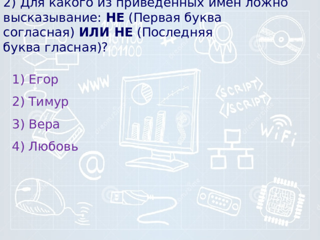 2) Для ка­ко­го из приведённых имён ложно высказывание:  НЕ  (Первая буква согласная)  ИЛИ НЕ  (Последняя буква гласная)?   1) Егор 2) Тимур 3) Вера 4) Любовь 