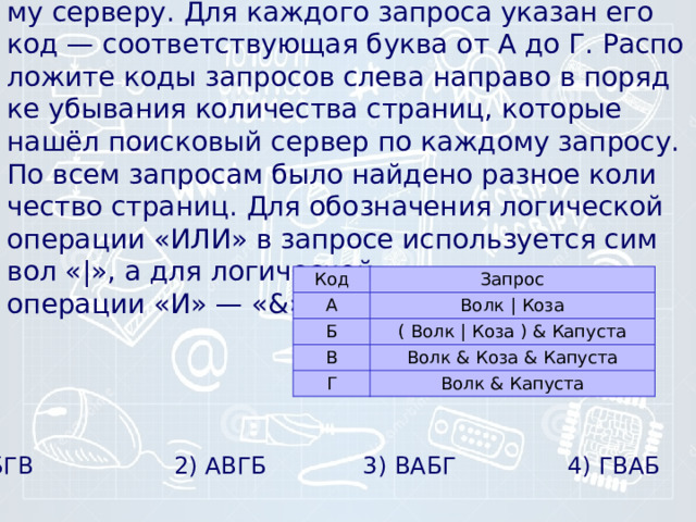 18) В таб­ли­це приведены за­про­сы к по­ис­ко­во­му серверу. Для каж­до­го запроса ука­зан его код — со­от­вет­ству­ю­щая буква от А до Г. Рас­по­ло­жи­те коды за­про­сов слева на­пра­во в по­ряд­ке убывания ко­ли­че­ства страниц, ко­то­рые нашёл по­ис­ко­вый сервер по каж­до­му запросу. По всем за­про­сам было най­де­но разное ко­ли­че­ство страниц. Для обо­зна­че­ния логической опе­ра­ции «ИЛИ» в за­про­се используется сим­вол «|», а для ло­ги­че­ской операции «И» — «&»: Код А Запрос Б Волк | Коза ( Волк | Коза ) & Капуста В Г Волк & Коза & Ка­пу­ста Волк & Капуста 1) АБГВ 2) АВГБ 3) ВАБГ 4) ГВАБ 