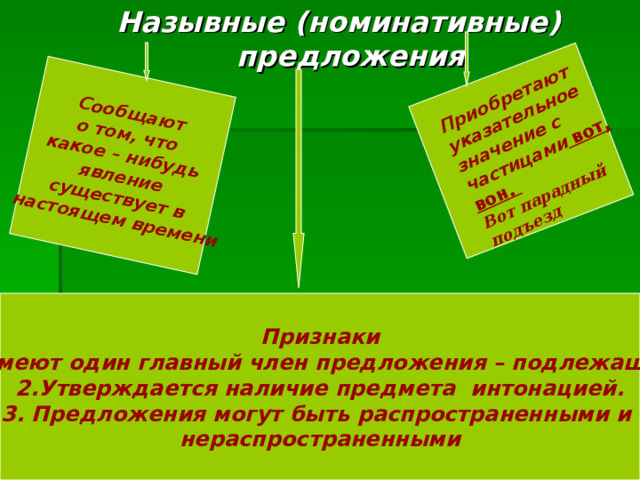 Назывные (номинативные) предложения Сообщают о том, что какое – нибудь явление существует в  настоящем времени Приобретают указательное значение с частицами вот, вон. Вот парадный подъезд Признаки 1.Имеют один главный член предложения – подлежащее. 2.Утверждается наличие предмета интонацией. 3. Предложения могут быть распространенными и нераспространенными 
