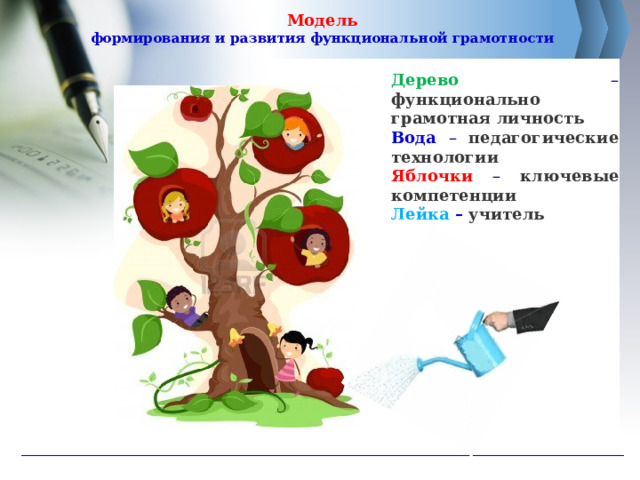 Модель  формирования и развития функциональной грамотности Дерево – функционально грамотная личность Вода – педагогические технологии Яблочки – ключевые компетенции Лейка –  учитель  