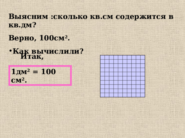  Выясним :сколько кв.см содержится в кв.дм? Верно, 100см 2 . Как вычислили?  Итак, 1дм 2 = 100 см 2 . 