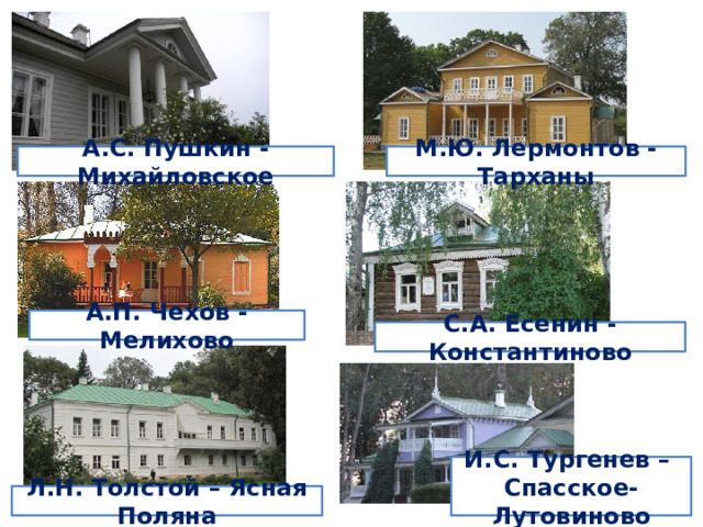 А.С. Пушкин - Михайловское М.Ю. Лермонтов - Тарханы А.П. Чехов - Мелихово С.А. Есенин - Константиново И.С. Тургенев – Спасское-Лутовиново Л.Н. Толстой – Ясная Поляна 