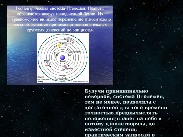Будучи принципиально неверной, система Птолемея, тем не менее, позволяла с достаточной для того времени точностью предвычислять положения планет на небе и потому удовлетворяла, до известной степени, практическим запросам в течение многих веков. 