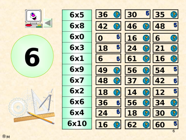 36 35 30 6х5 6х8 6х0 6х3 6х1 6х9 6х7 6х2 6х6 6х4 6х10 48 46 42 0 16 6 6 18 24 21 16 6 61 54 56 49 48 37 42 12 14 18 34 36 56 18 24 30 60 62 16  м 