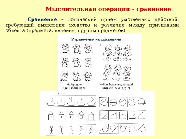 Мыслительная операция - сравнение  Сравнение – логический прием умственных действий, требующий выявления сходства и различия между признаками объекта (предмета, явления, группы предметов). 
