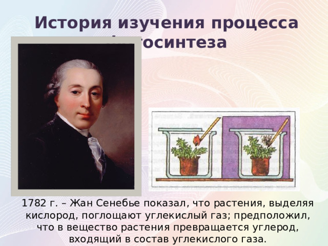 История изучения процесса фотосинтеза 1782 г. – Жан Сенебье показал, что растения, выделяя кислород, поглощают углекислый газ; предположил, что в вещество растения превращается углерод, входящий в состав углекислого газа. 