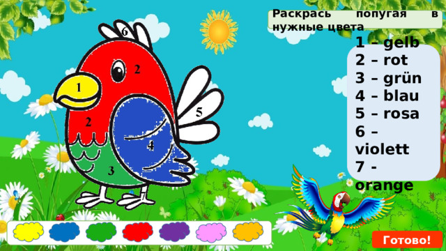 Раскрась попугая в нужные цвета  1 – gelb 2 – rot 3 – grün 4 – blau 5 – rosa 6 – violett 7 - orange  Готово! 