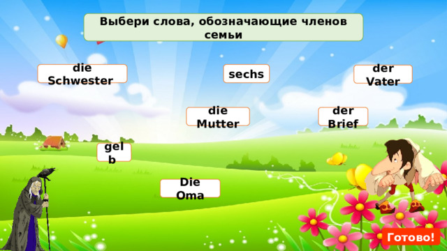 Выбери слова, обозначающие членов семьи die Schwester sechs der Vater die Mutter der Brief gelb Die Oma Готово! 