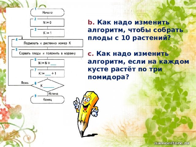 b. Как надо изменить алгоритм, чтобы собрать плоды с 10 растений?  c. Как надо изменить алгоритм, если на каждом кусте растёт по три помидора? 