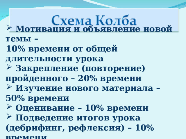  Мотивация и объявление новой темы – 10% времени от общей длительности урока  Закрепление (повторение) пройденного – 20% времени  Изучение нового материала – 50% времени  Оценивание – 10% времени  Подведение итогов ур o ка (дебрифинг, рефлексия) – 10% времени 