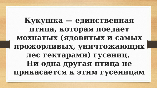 Кукушка — единственная птица, которая поедает мохнатых (ядовитых и самых прожорливых, уничтожающих лес гектарами) гусениц.  Ни одна другая птица не прикасается к этим гусеницам 