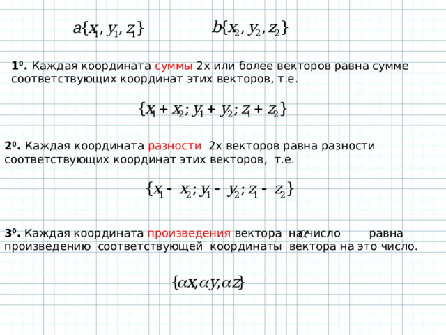 1 0 . Каждая координата суммы 2х или более векторов равна сумме соответствующих координат этих векторов, т.е. 2 0 . Каждая координата разности 2х векторов равна разности соответствующих координат этих векторов, т.е. 3 0 . Каждая координата произведения вектора на число равна произведению соответствующей координаты вектора на это число. 
