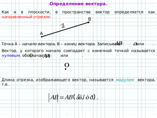  Определение вектора. a Как и в плоскости, в пространстве вектор определяется как направленный отрезок : B A Точка А – начало вектора , В – конец вектора . Записывают:  или . Вектор, у которого начало совпадает с конечной точкой называется нулевым, обозначается: или . Длина отрезка, изображающего вектор, называется модулем вектора, т.е. 