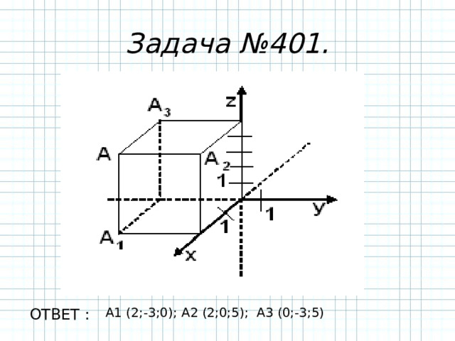 Задача №401. А1 (2;-3;0); А2 (2;0;5); А3 (0;-3;5) ОТВЕТ : 