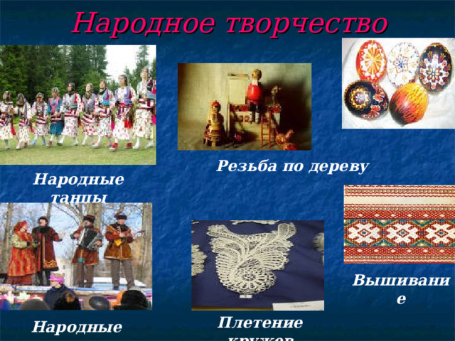 Народное творчество Резьба по дереву Народные танцы Вышивание Плетение кружев Народные песни 