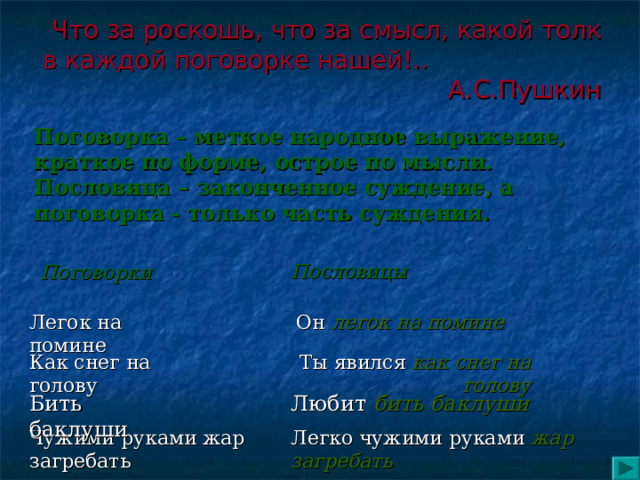 Что за роскошь, что за смысл, какой толк в каждой поговорке нашей!.. А.С.Пушкин Поговорка – меткое народное выражение, краткое по форме, острое по мысли. Пословица – законченное суждение, а поговорка - только часть суждения.  Поговорки  Пословицы Легок на помине Он легок на помине Как снег на голову Ты явился как снег  на голову Бить баклуши Любит бить баклуши Чужими руками жар загребать Легко чужими руками жар загребать 