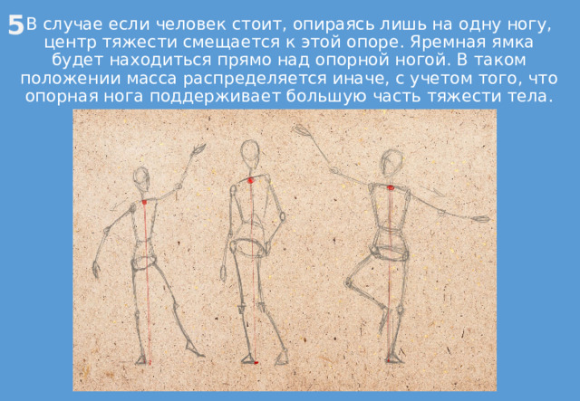 5 В случае если человек стоит, опираясь лишь на одну ногу, центр тяжести смещается к этой опоре. Яремная ямка будет находиться прямо над опорной ногой. В таком положении масса распределяется иначе, с учетом того, что опорная нога поддерживает большую часть тяжести тела. 