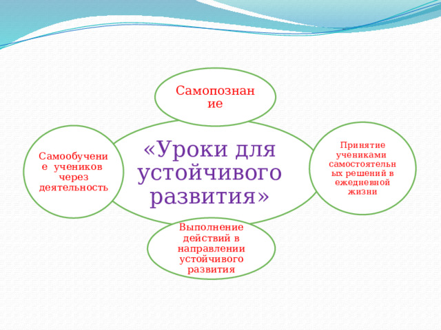 Самопознание «Уроки для устойчивого развития» Принятие учениками самостоятельных решений в ежедневной жизни Самообучение учеников через деятельность Выполнение действий в направлении устойчивого развития 