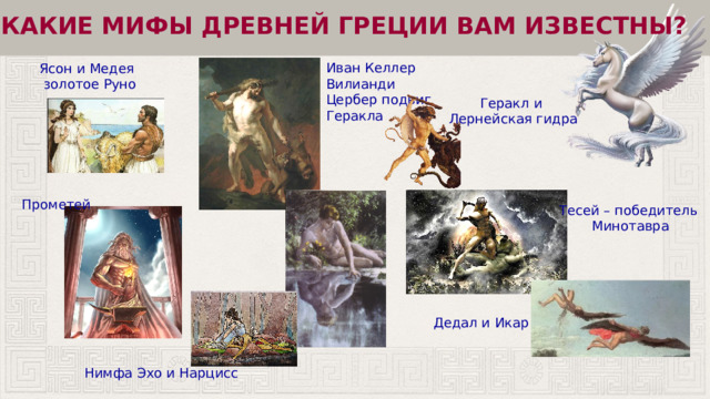 КАКИЕ МИФЫ ДРЕВНЕЙ ГРЕЦИИ ВАМ ИЗВЕСТНЫ? Иван Келлер Вилианди Цербер подвиг Геракла Ясон и Медея  золотое Руно Геракл и Лернейская гидра Прометей Тесей – победитель  Минотавра Дедал и Икар Нимфа Эхо и Нарцисс 