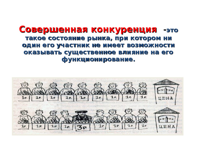 Совершенная конкуренция  - это такое состояние рынка, при котором ни один его участник не имеет возможности оказывать существенное влияние на его функционирование. 