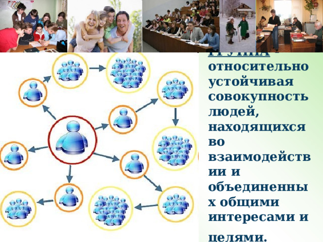 ГРУППА - относительно устойчивая совокупность людей, находящихся во взаимодействии и объединенных общими интересами и целями.  
