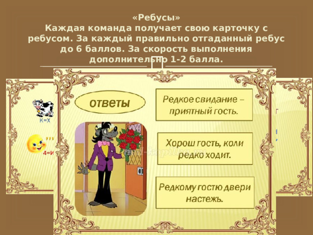 «Ребусы»  Каждая команда получает свою карточку с ребусом. За каждый правильно отгаданный ребус до 6 баллов. За скорость выполнения дополнительно 1-2 балла. 