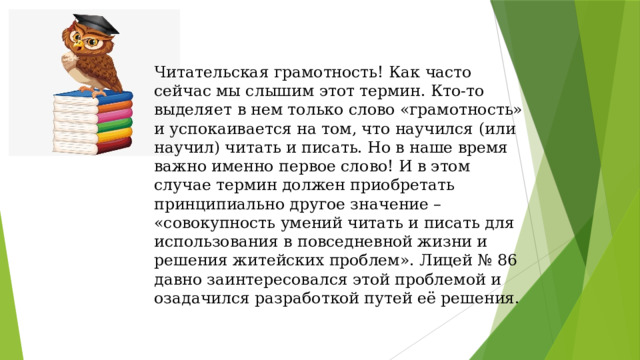 Читательская грамотность! Как часто сейчас мы слышим этот термин. Кто-то выделяет в нем только слово «грамотность» и успокаивается на том, что научился (или научил) читать и писать. Но в наше время важно именно первое слово! И в этом случае термин должен приобретать принципиально другое значение – «совокупность умений читать и писать для использования в повседневной жизни и решения житейских проблем». Лицей № 86 давно заинтересовался этой проблемой и озадачился разработкой путей её решения. 