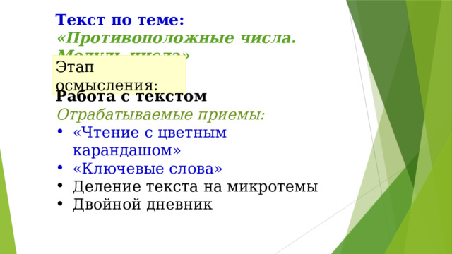 Текст по теме: «Противоположные числа. Модуль числа» Этап осмысления: Работа с текстом Отрабатываемые приемы: «Чтение с цветным карандашом» «Ключевые слова» Деление текста на микротемы Двойной дневник 
