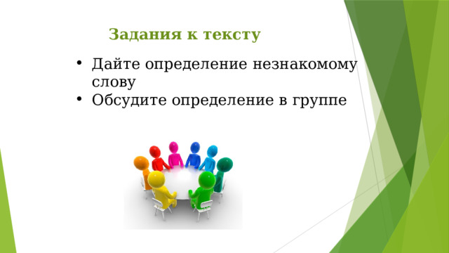 Задания к тексту Дайте определение незнакомому слову Обсудите определение в группе  