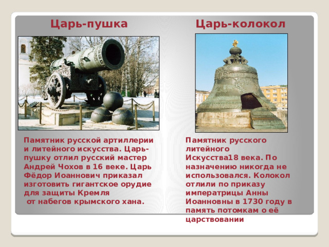 Царь-пушка Царь-колокол Памятник русской артиллерии Памятник русского литейного и литейного искусства. Царь-пушку отлил русский мастер Андрей Чохов в 16 веке. Царь Фёдор Иоаннович приказал изготовить гигантское орудие для защиты Кремля Искусства18 века. По назначению никогда не использовался. Колокол отлили по приказу императрицы Анны Иоанновны в 1730 году в память потомкам о её царствовании  от набегов крымского хана. 
